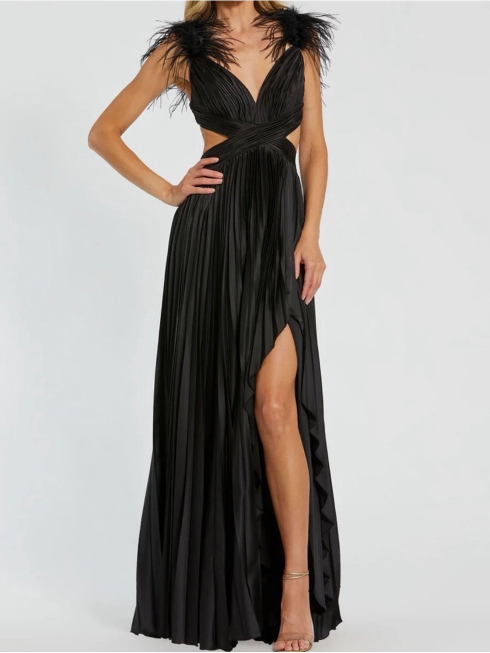 Mac Duggal Black Feather-Trim Pleated Maxi Dress